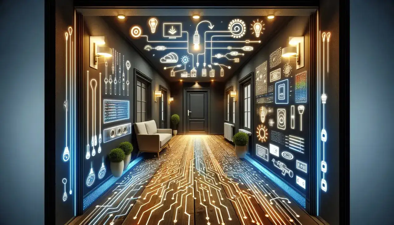 Un couloir sombre et étroit s'illumine grâce à des circuits lumineux futuristes sur les murs et le sol, créant une ambiance high-tech.
