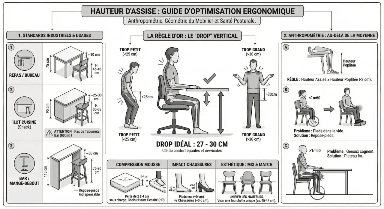 Guide ergonomique sur la hauteur d'assise. Il montre les dimensions id&eacute;ales pour le confort, avec des exemples pour repas, &icirc;lot cuisine et bar.