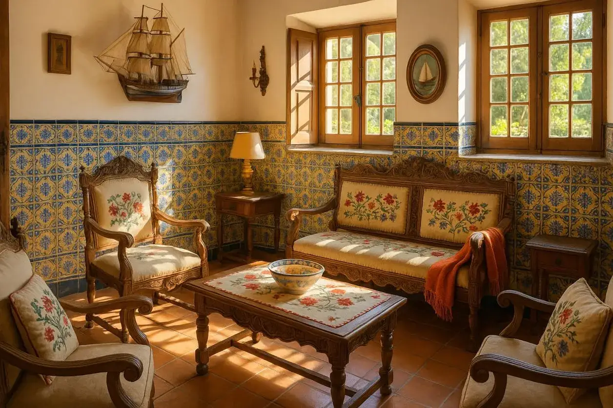 Un salon chaleureux dans un int&eacute;rieur de maison portugaise, avec des carreaux bleus et jaunes, des meubles anciens et une maquette de bateau.