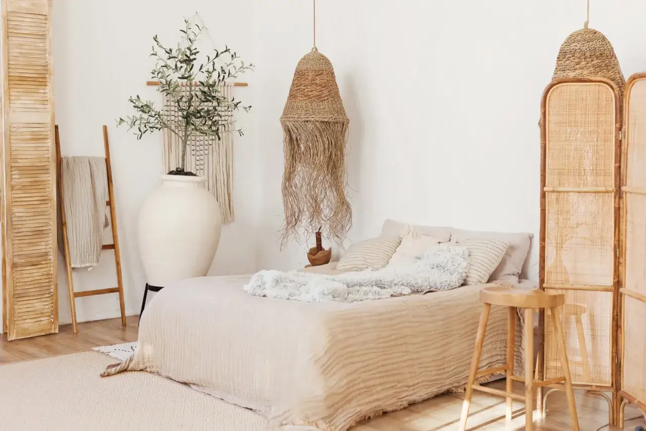 Une chambre déco bohème avec un lit douillet, un grand vase, une plante d'olivier, un lustre en paille et un paravent en rotin.