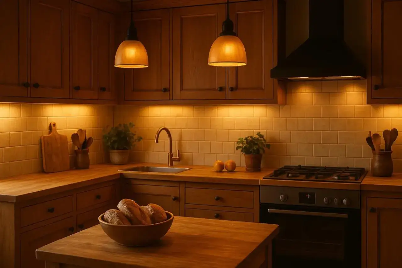 Cuisine chaleureuse avec un &eacute;clairage doux. Des armoires en bois, un &eacute;vier, une cuisini&egrave;re et un bol de pain cr&eacute;ent une atmosph&egrave;re accueillante.