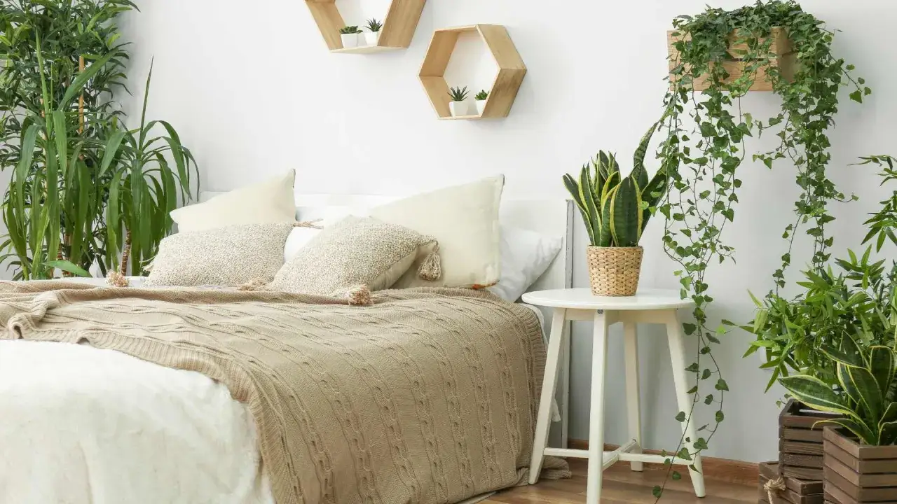 Une chambre d'amis cosy avec un lit douillet, des coussins texturés, une couverture en maille beige et de nombreuses plantes vertes.