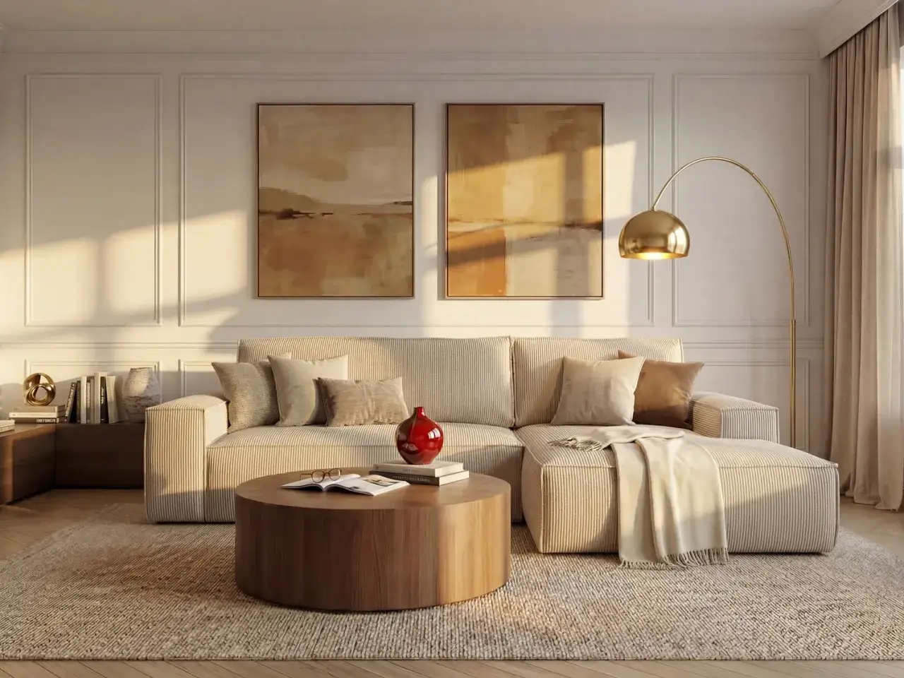 Un salon à l'intérieur contemporain chaleureux, avec un canapé modulable, une table basse en bois, deux tableaux abstraits et un lampadaire doré.