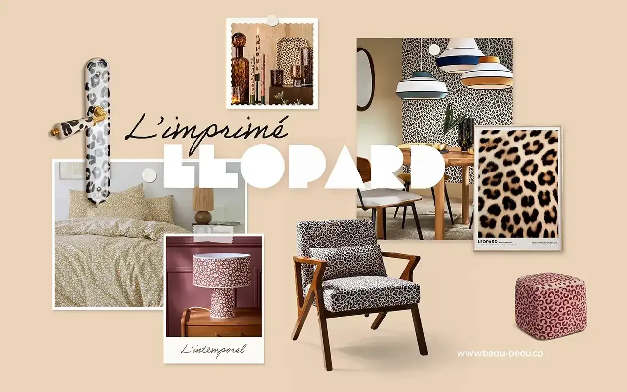 Décoration audacieuse avec le motif léopard : poignée, literie, fauteuil, lampe, coussin et papier peint.