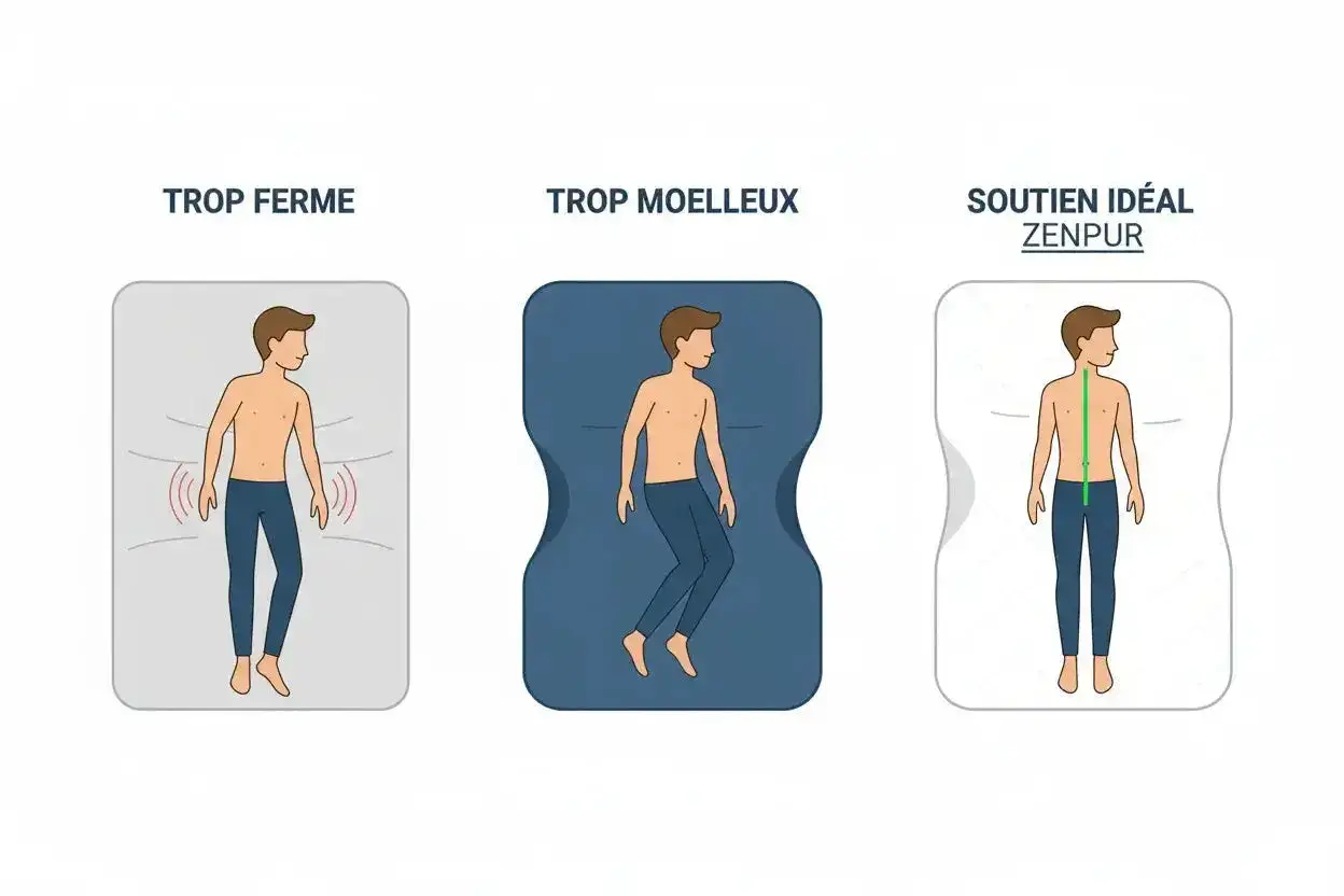 Illustration comparant un tableau montrant un homme sur un matelas trop ferme, trop moelleux, et le soutien id&eacute;al. Le poids et la taille sont essentiels pour choisir le bon matelas.