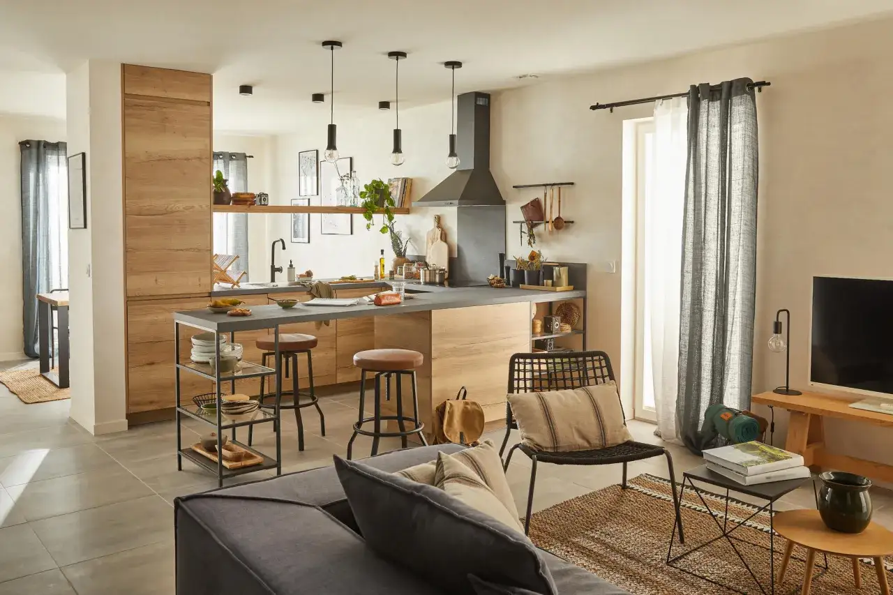 Cuisine et salon ouverts, ambiance style contemporain chic. Bois clair, gris, touches naturelles.