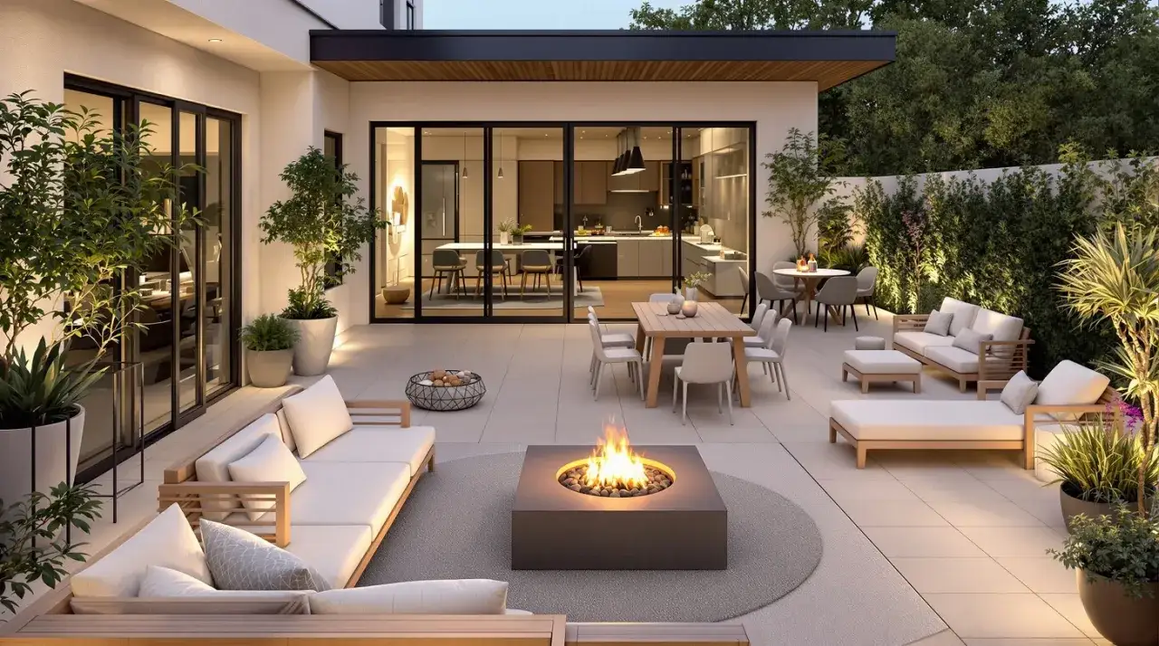 Une terrasse moderne avec salon, table à manger et brasero. L'éclairage d'ambiance met en valeur les plantes et crée une atmosphère chaleureuse. Une belle idée éclairage terrasse.