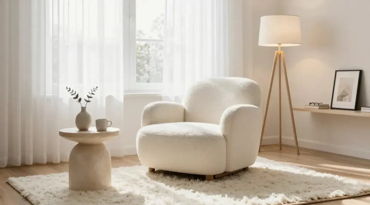 Un fauteuil douillet invite à la détente dans ce coin lecture scandinave. Une table d'appoint, une tasse et une plante complètent l'ambiance épurée.