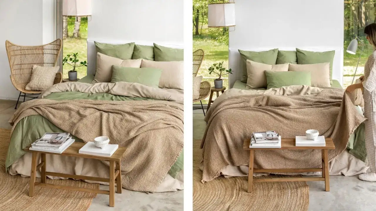 Ambiance paisible pour une deco chambre nature : lit douillet aux tons verts et beiges, fauteuil en rotin, et vue sur la verdure.