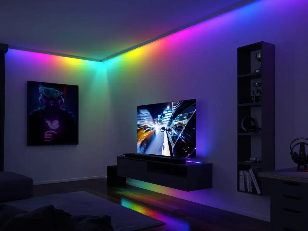 Salon moderne avec &eacute;clairage d'ambiance LED aux couleurs vives. La temp&eacute;rature de couleur LED cr&eacute;e une atmosph&egrave;re immersive, projetant des arcs-en-ciel sur le sol.
