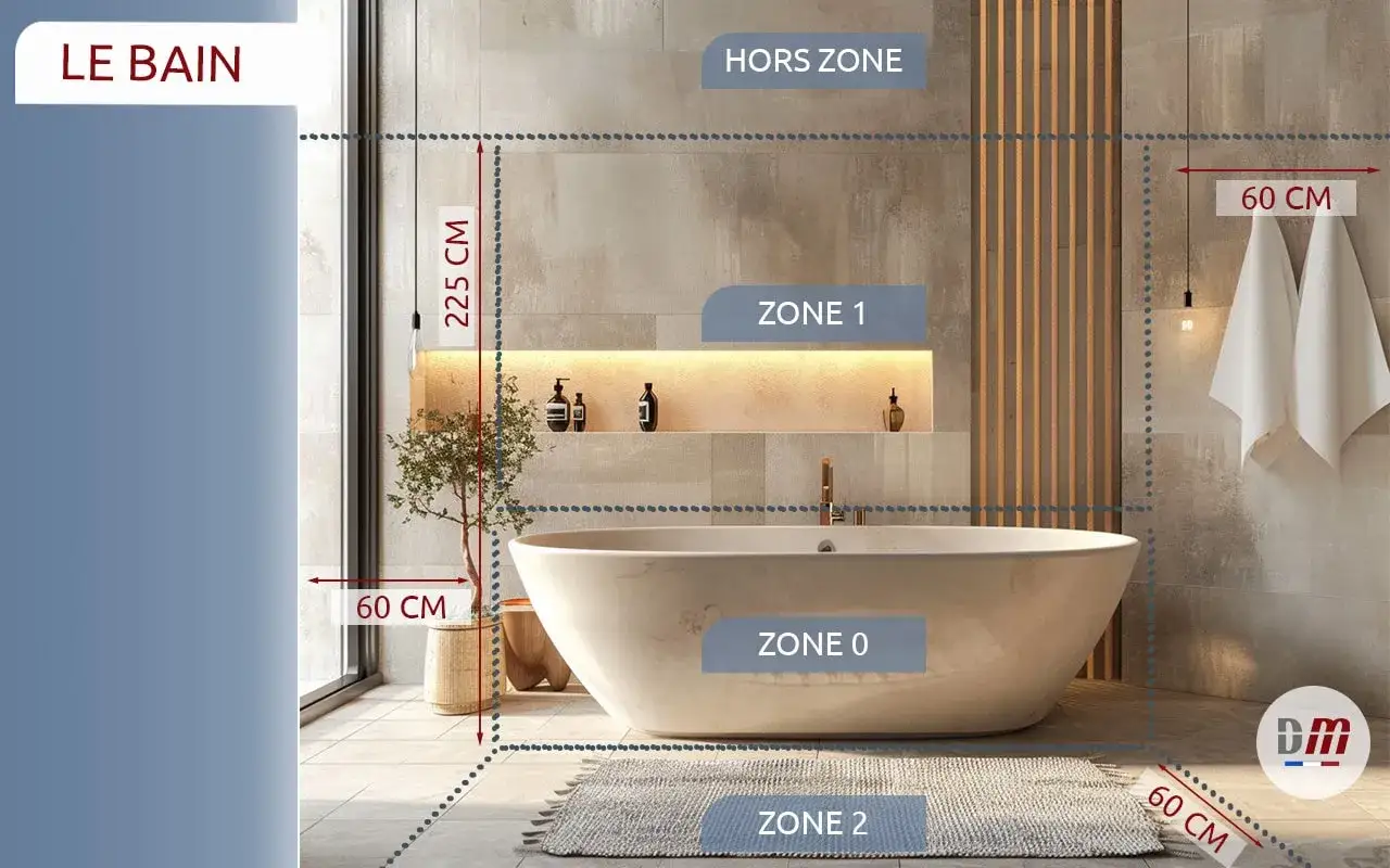 Salle de bain moderne avec baignoire. Le sch&eacute;ma explique le signification de l'indice de protection IP64 pour les installations &eacute;lectriques dans les zones humides.