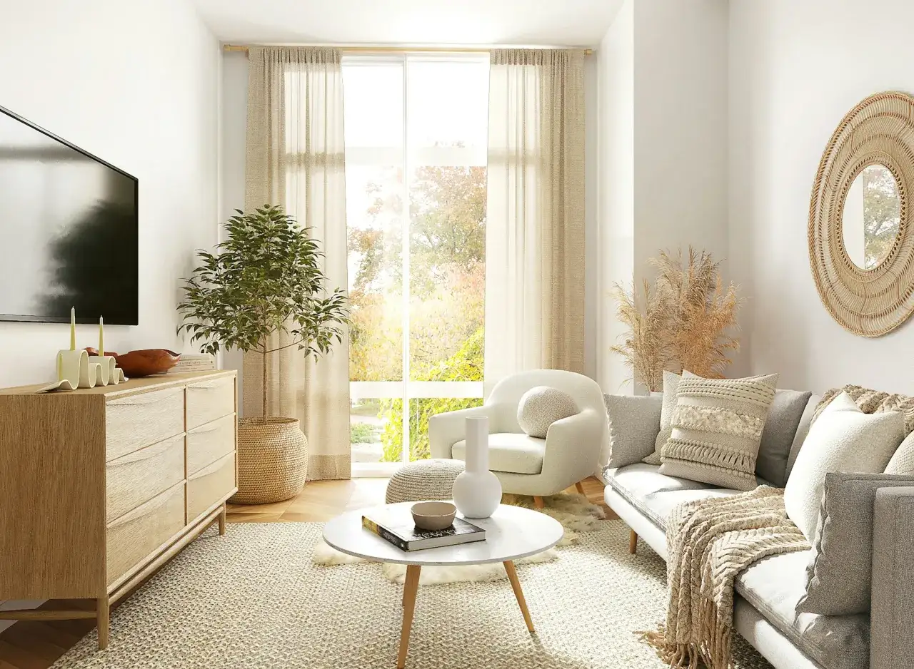 Salon &agrave; la d&eacute;coration &eacute;pur&eacute;e : canap&eacute; gris, fauteuil blanc, table basse, commode en bois, plante verte et miroir en rotin.