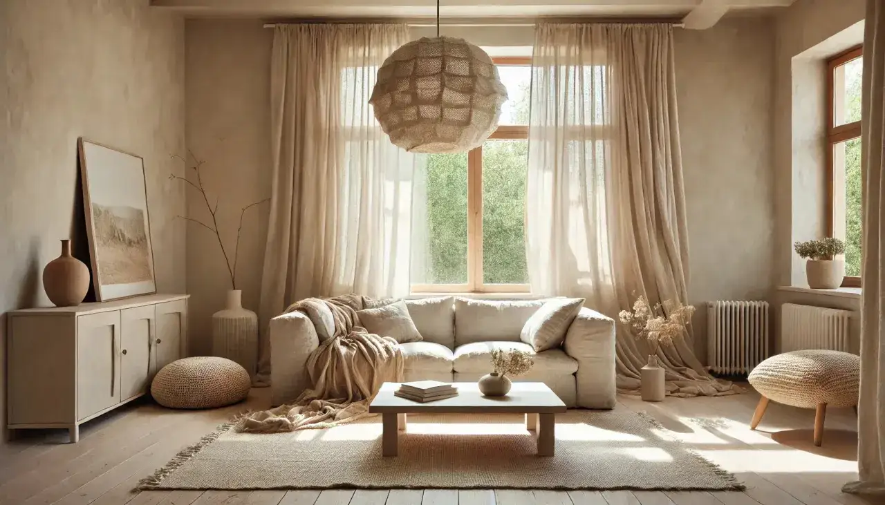 Salon à la décoration minimaliste, avec un canapé beige, des rideaux légers et des touches naturelles.