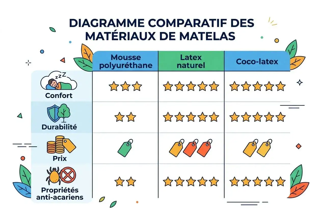 Diagramme comparatif des matelas : confort, durabilit&eacute;, prix et propri&eacute;t&eacute;s anti-acariens pour mousse polyur&eacute;thane, latex naturel et coco-latex. La densit&eacute; du matelas est &eacute;valu&eacute;e par &eacute;toiles.