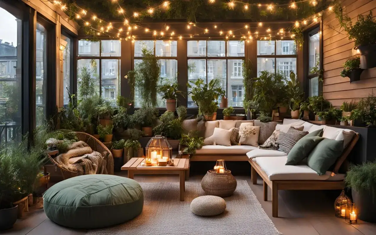 Une veranda salon cocooning baignée de lumière douce, avec de nombreuses plantes vertes, des coussins moelleux et des guirlandes lumineuses.