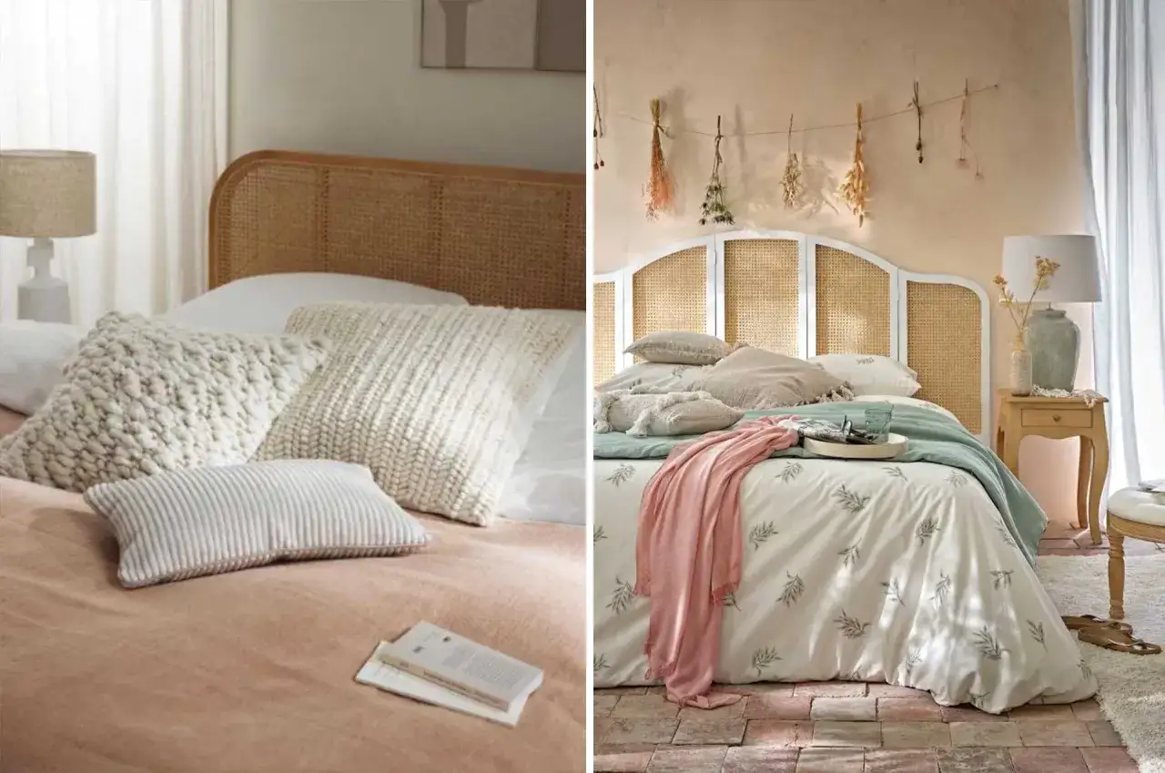 Ambiance douce et romantique moderne : lits douillets avec t&ecirc;tes de lit en rotin, coussins textur&eacute;s et plaids l&eacute;gers.