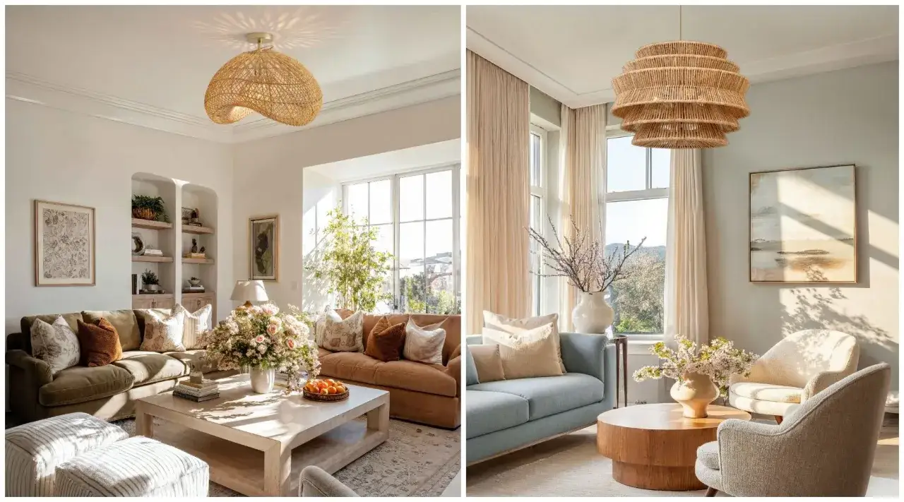 Deux salons décorés avec des luminaires en rotin identiques, apportant une touche bohème chic.