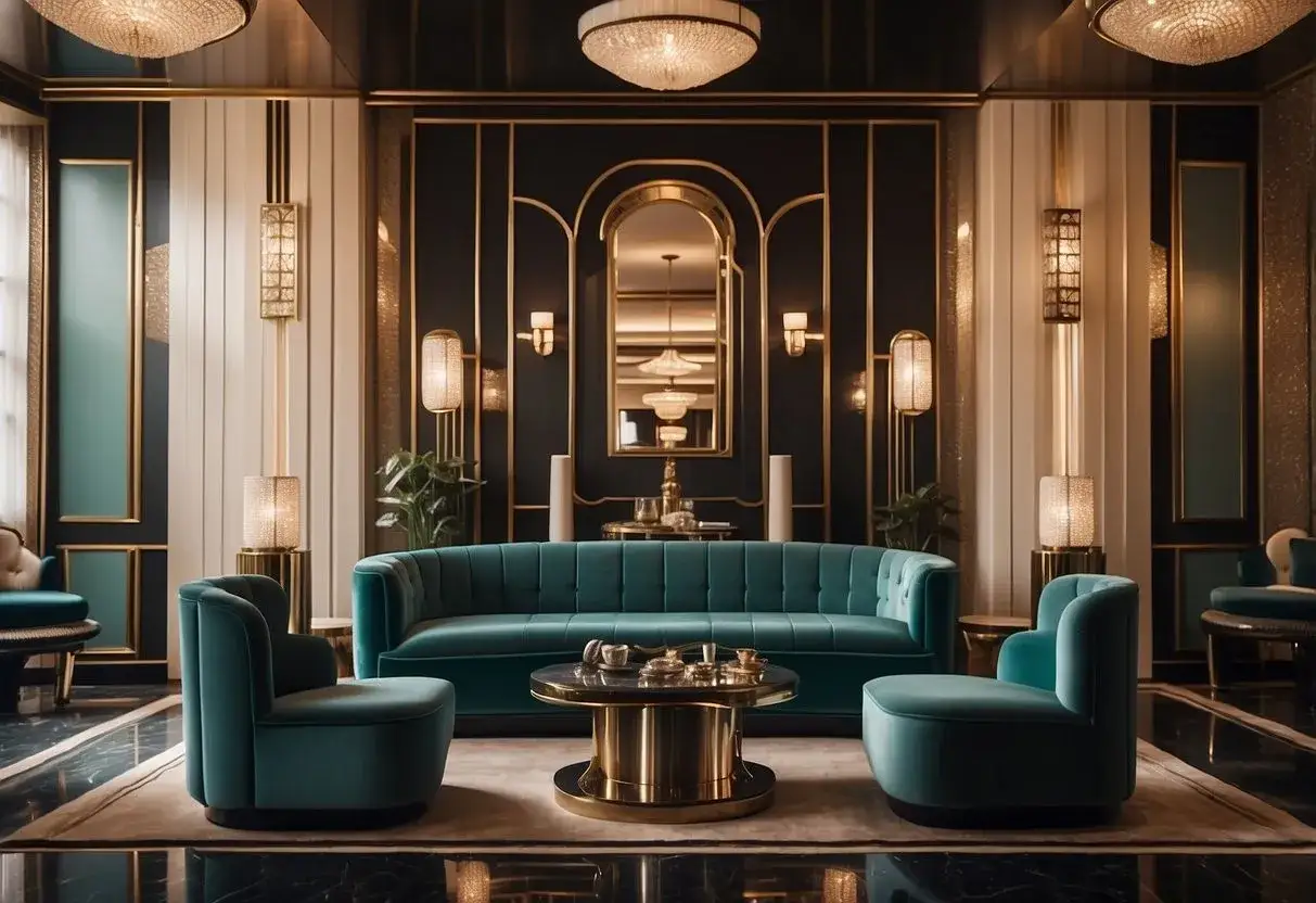 Un salon luxueux &agrave; l' int&eacute;rieur Art D&eacute;co, avec un canap&eacute; en velours turquoise, des fauteuils assortis et une table basse dor&eacute;e.