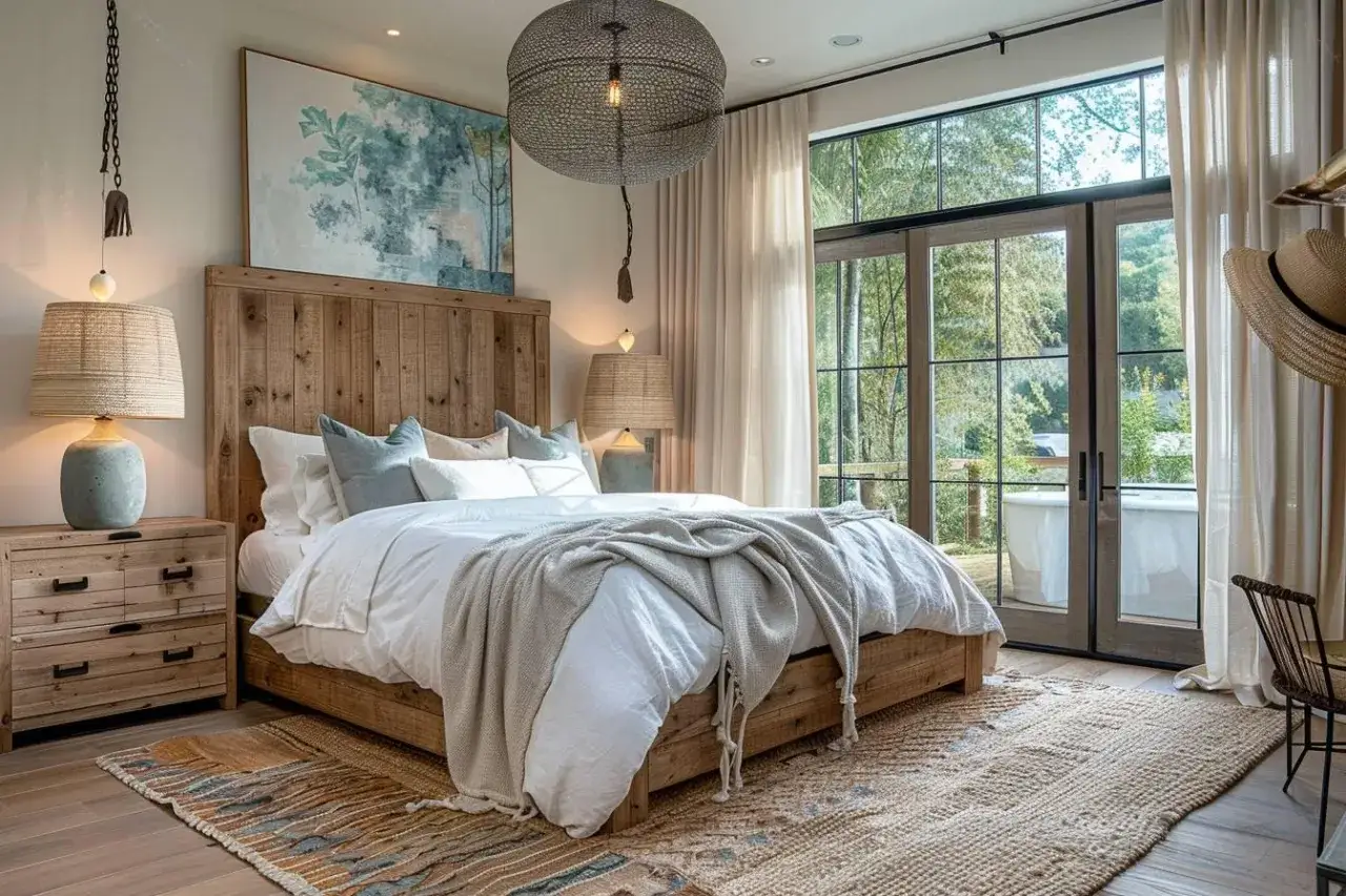 Chambre cosy avec lit en bois, tapis textur&eacute; et vue sur la nature. L'&eacute;clairage doux sugg&egrave;re un ambiance relaxante, id&eacute;al pour se demander combien de lumen par m2 chambre pour un tel confort.