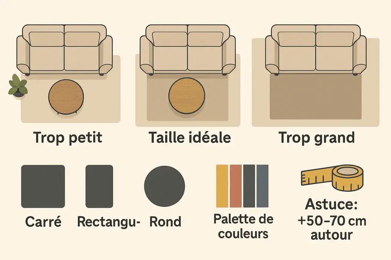 Guide pour la dimension tapis salon : trop petit, taille id&eacute;ale, trop grand. Formes et palette de couleurs. Astuce : +50-70 cm autour.