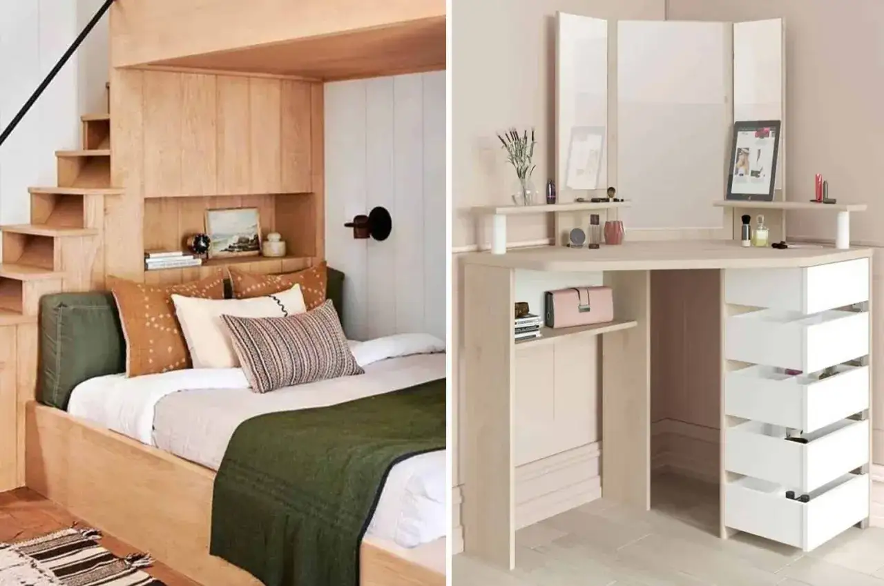 Un grand lit confortable dans une petite chambre am&eacute;nag&eacute;e avec des &eacute;tag&egrave;res et des escaliers en bois. &Agrave; droite, une coiffeuse d'angle avec miroir et tiroirs.