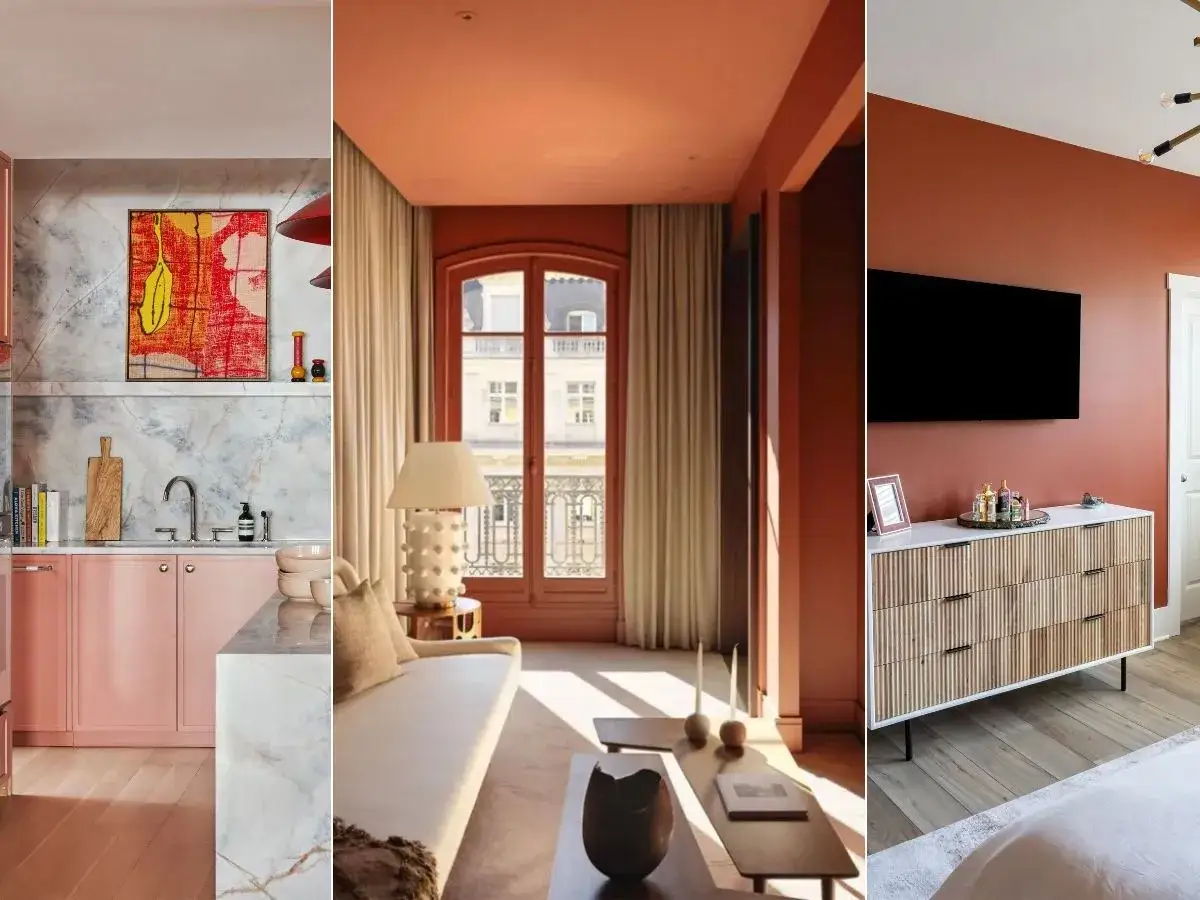 Trois ambiances chaleureuses : cuisine rose poudr&eacute;, salon terracotta avec vue parisienne, chambre aux murs terre de Sienne. Quelle couleur avec terracotta ? Le rose et le bois clair s'y marient &agrave; merveille.