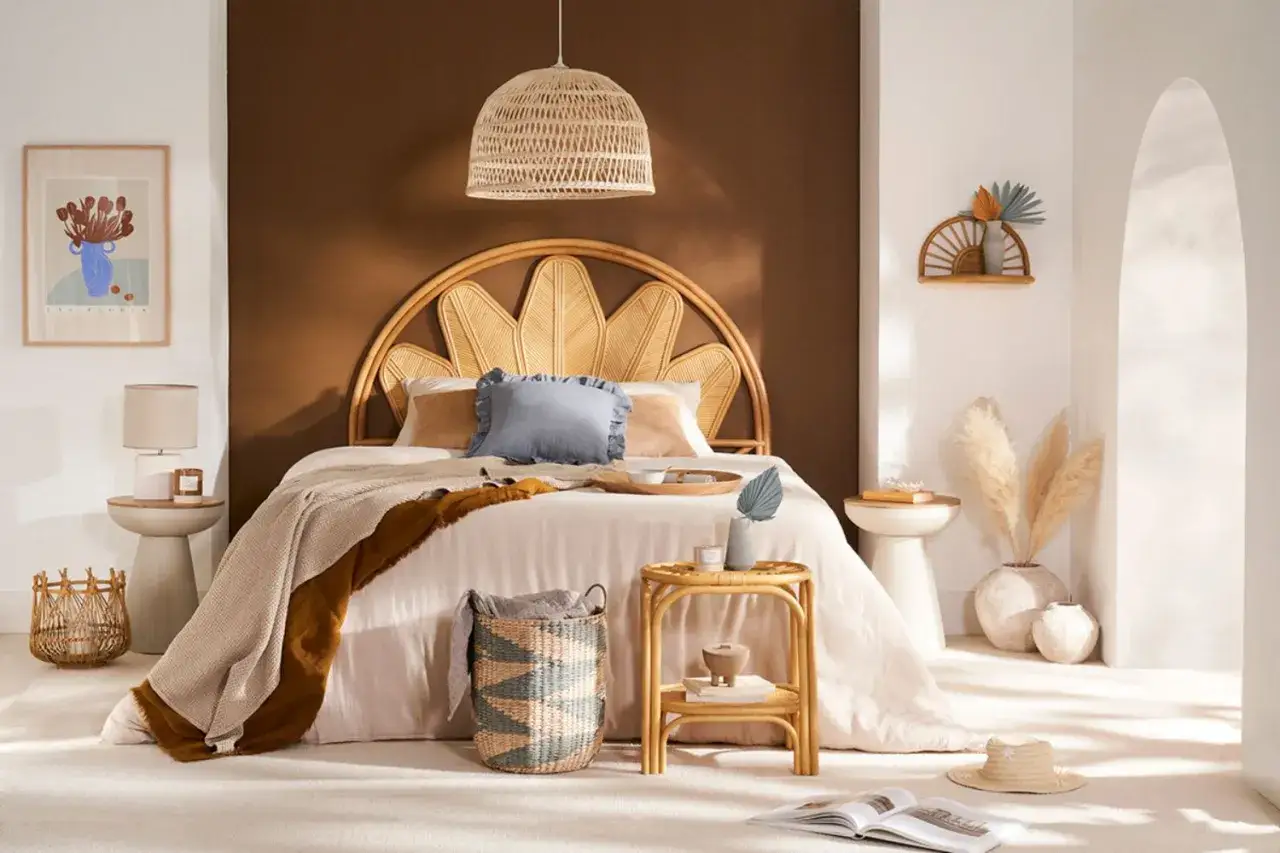 Une chambre déco bohème avec un lit en rotin, des coussins bleus et une couverture beige. Un panier en osier et une plante séchée complètent l'ambiance.