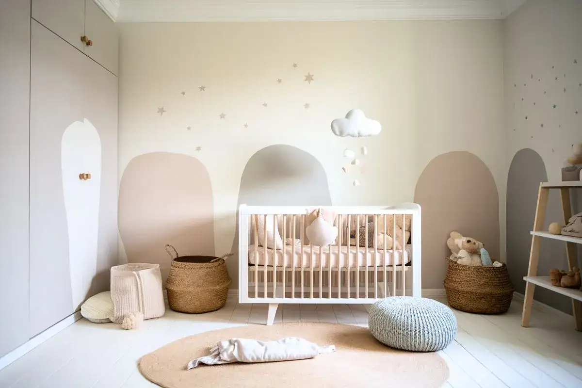 Une chambre de bébé mixte avec une décoration douce et naturelle. Une belle idée déco chambre bébé mixte avec des formes organiques au mur et des paniers en osier.