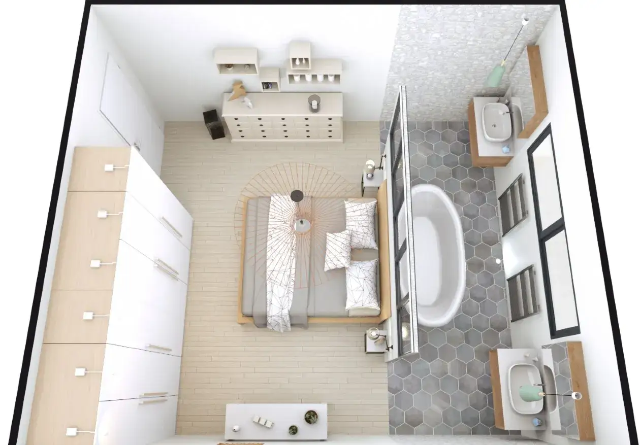 Chambre moderne avec dressing et salle de bain attenante. La taille suite parentale est optimis&eacute;e avec un lit, une commode, et une grande armoire.