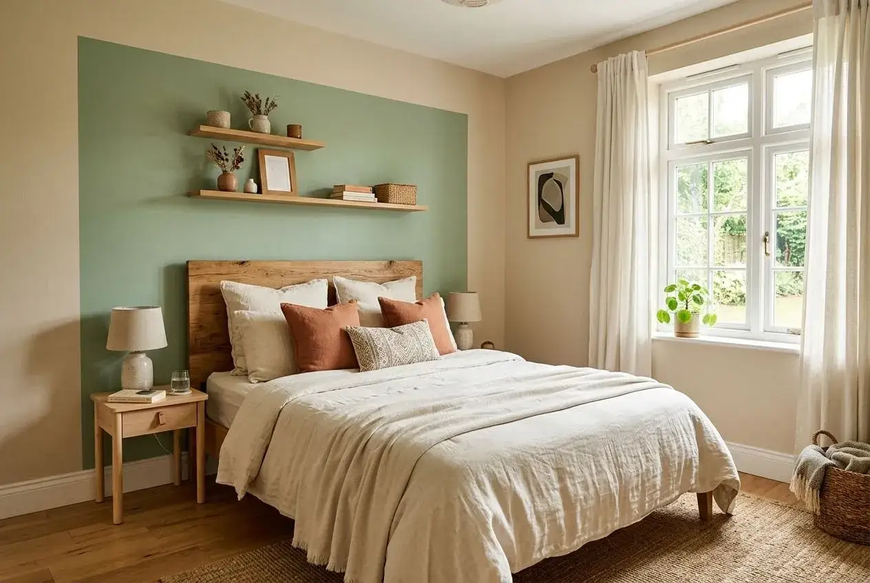 Chambre adulte apaisante avec une peinture bicolore vert sauge et beige. Le lit est orné de coussins terracotta et d'une tête de lit en bois.