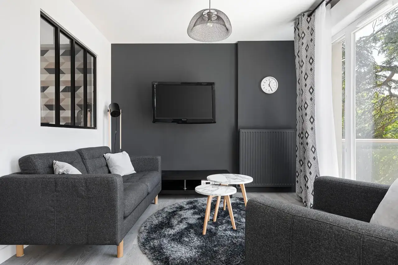 Un salon moderne et cosy, parfait pour cr&eacute;er une chambre dans un studio. Canap&eacute; gris, tapis rond, table basse marbre et TV murale.