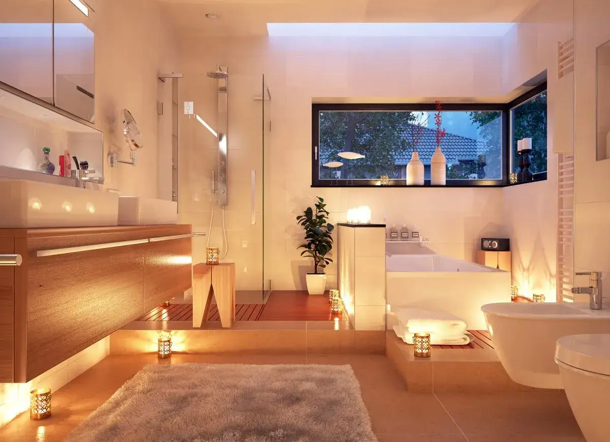 Salle de bain moderne et apaisante, comment éclairer une salle de bain avec des lumières douces et des bougies pour une ambiance spa.