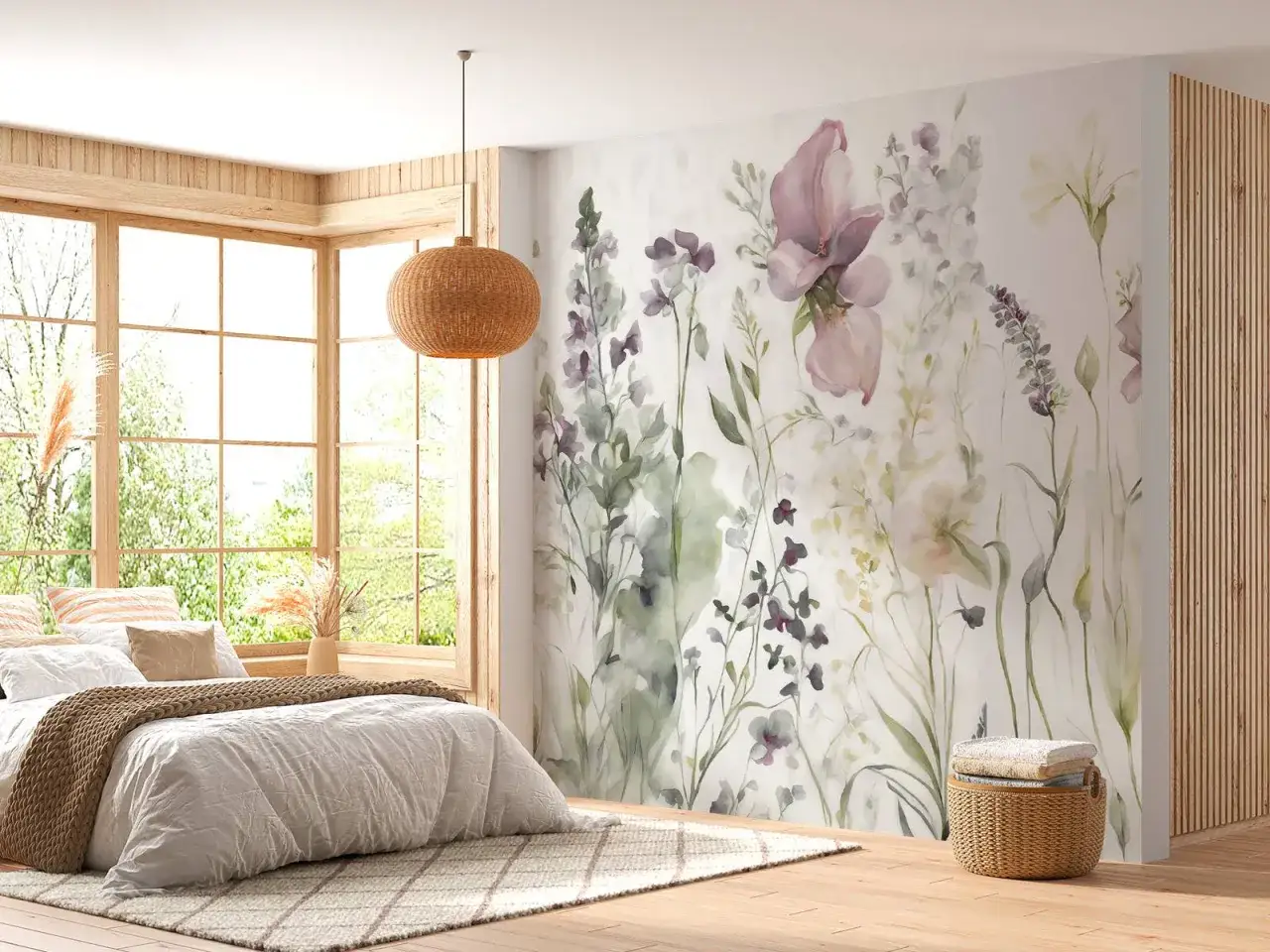 Chambre couleur pastel mur avec un papier peint floral d&eacute;licat. Un lit douillet et une grande fen&ecirc;tre lumineuse invitent &agrave; la d&eacute;tente.