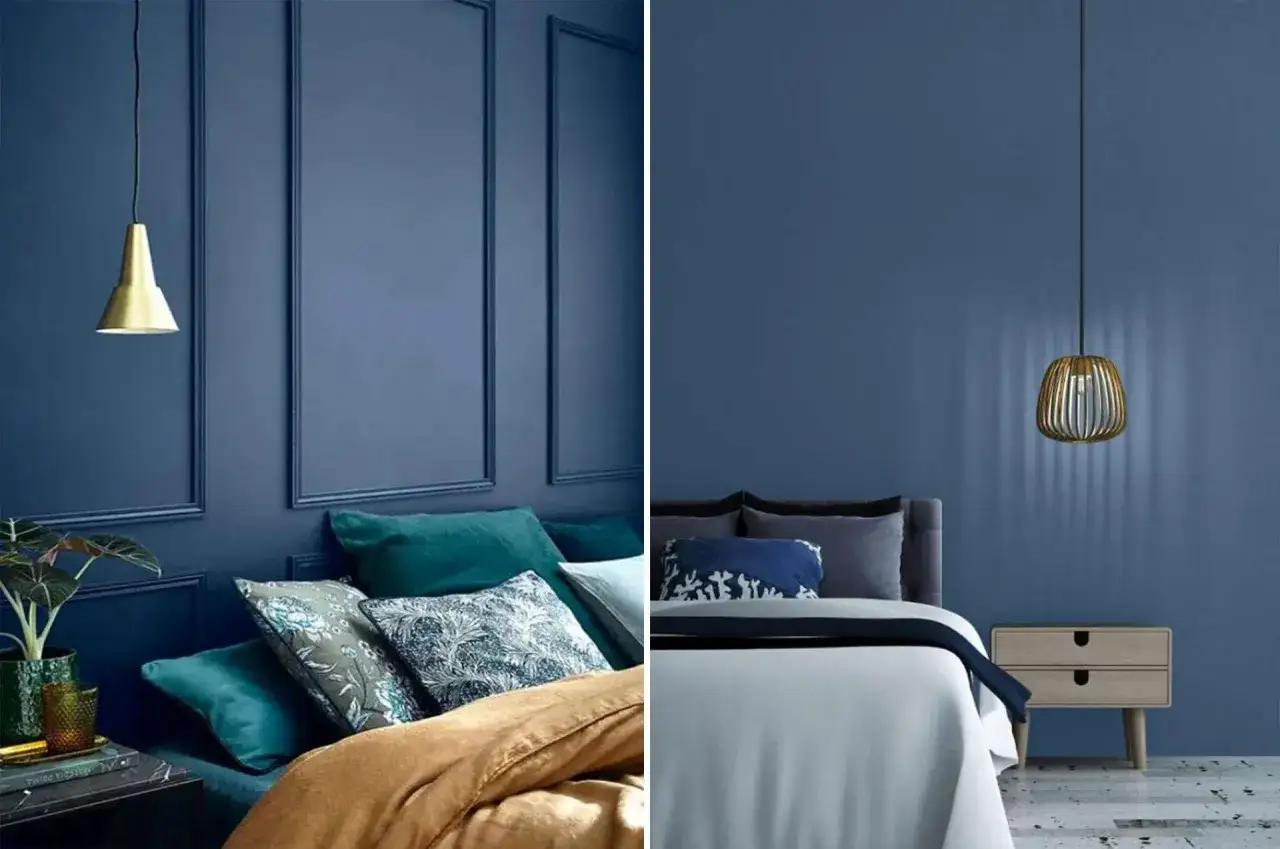 Ambiance douce dans une chambre bleu nuit et taupe. Coussins moelleux, drapé de lit chaleureux et éclairage tamisé créent un cocon apaisant.