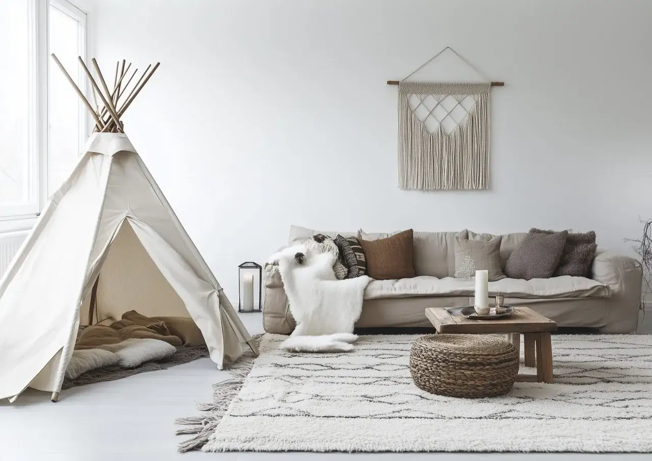 Un coin jeux dans un petit salon : une tente tipi invite &agrave; l'aventure, un canap&eacute; confortable et un tapis douillet pour des moments de d&eacute;tente.