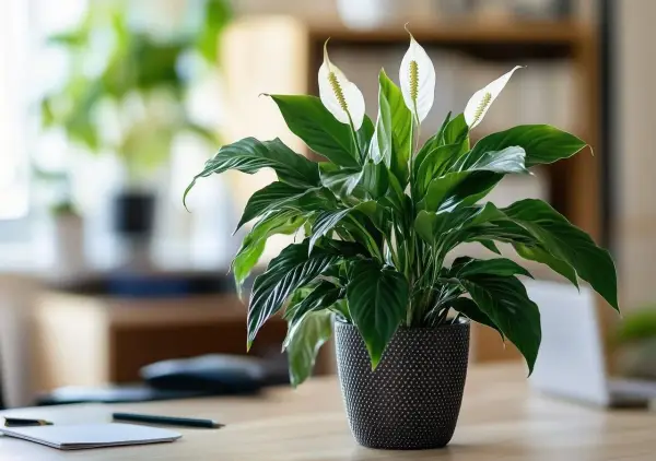 Un lys de la paix, symbole de sérénité, trône dans un pot texturé sur un bureau. La plante aux feuilles vertes luxuriantes et aux élégantes fleurs blanches apporte une touche de nature à cette chambre.