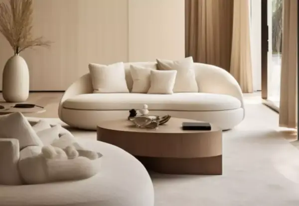 Un salon japandi épuré avec un canapé blanc incurvé, une table basse en bois et des touches de décoration naturelle.
